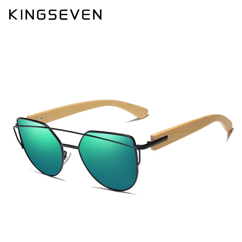 Бренд KINGSEVEN, бамбуковые солнцезащитные очки кошачий глаз, поляризационные, металлическая оправа, деревянные очки, женские роскошные солнцезащитные очки, деревянный ящик - Цвет линз: green bamboo