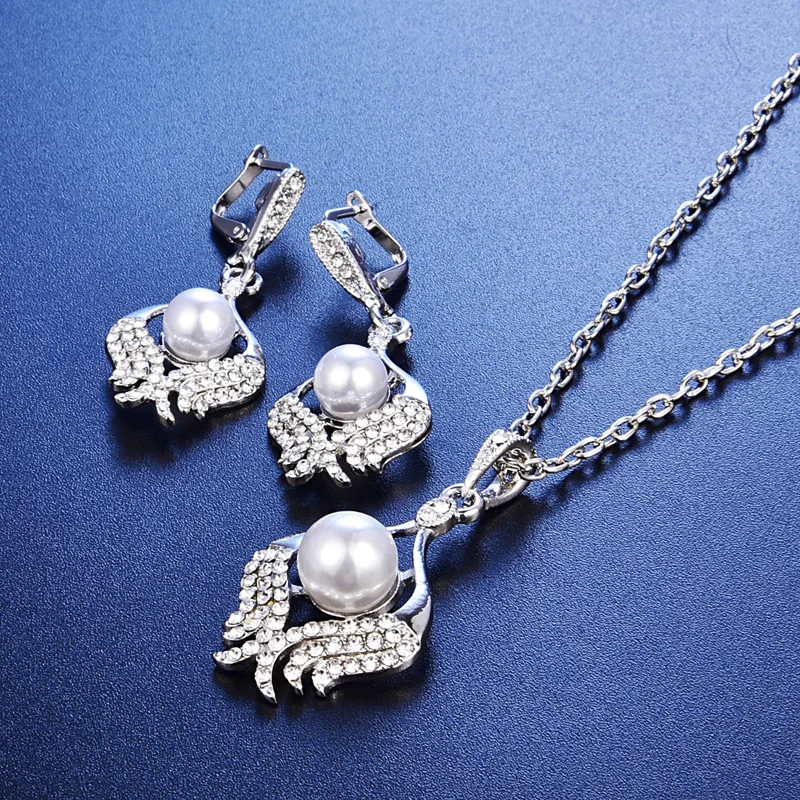 808 магазин Мода Silver Pearl три-ювелирное изделие комплекты Цепочки и ожерелья роскошное свадебное Помолвочное Кристалл кольцо серьги для Для женщин