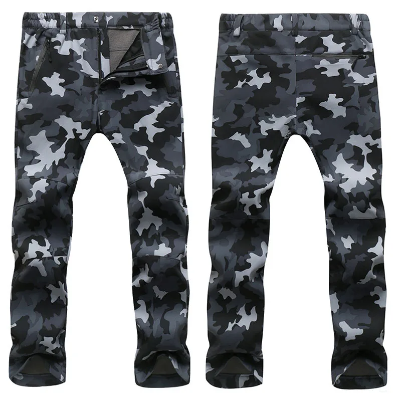 Уличные зимние мужские и женские толстые теплые флисовые походные брюки Софтшелл водонепроницаемые ветрозащитные термо кемпинговые камуфляжные с эластичной талией - Цвет: Men Gray Camouflage