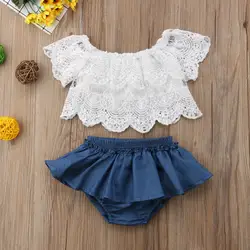 Летние белые кружевные футболки без рукавов топы синяя юбка-пачка Одежда для девочек милый комплект одежды из 2 предметов для маленьких