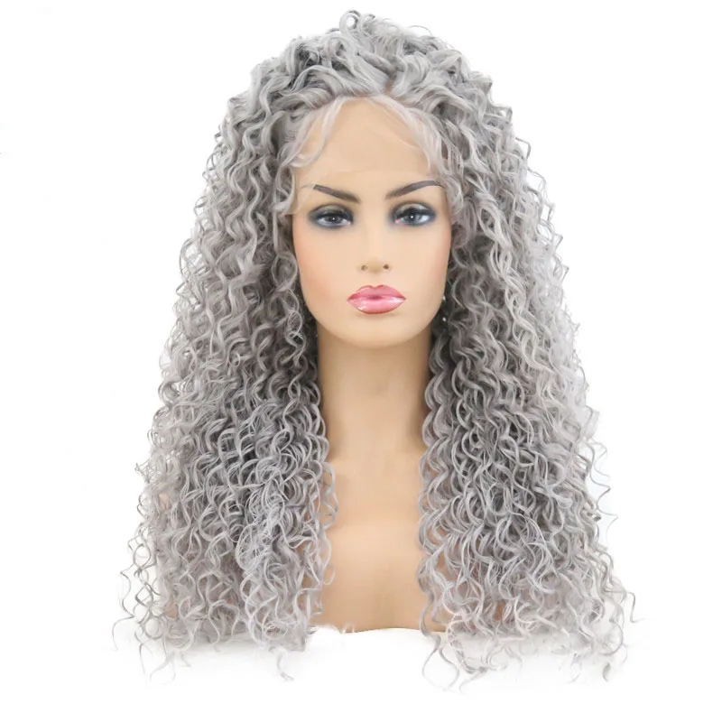 Rongduoyi Long Kinky Curly Wig Natural Synthetic Front Lace Wigs For Women Grey Color Hair Heat