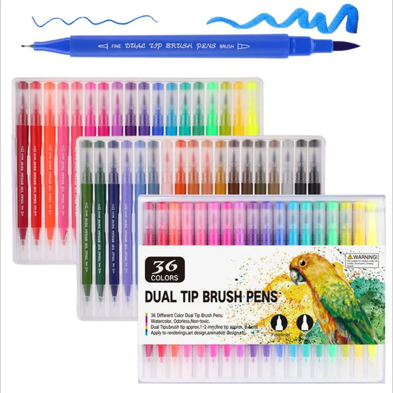 12/18/24/36/48/72/100PCS Colors FineLiner Dual Tip Brush Pens Drawing Painting Watercolor Art Marker Pens School Supplies - Color: 36colors