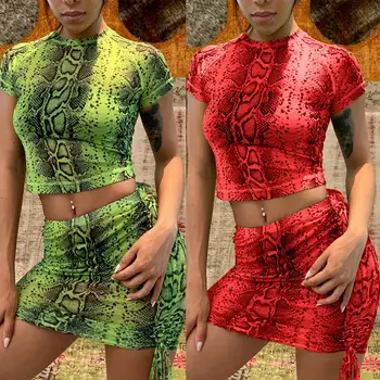 

New Womens Ladies Fashion Casual Summer Clothing Sets Snake Print Mini Skirt Tank Top 2 Pieces Set Bodycon Party Clubwear