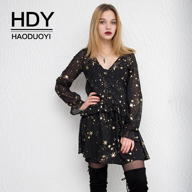 Online HDY Haoduoyi Espacio Estrella Luna cuello en V vestido estampado negro largo mariposa manga fiesta vestido suelto Primavera Verano nuevo