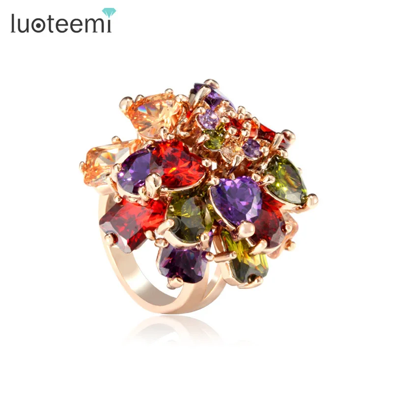 

LUOTEEMI My Mona Lisa Champagne Gold-Color Multi-Color Cubic Zirconia Stone Big Women Rings Bling Crystal Flower Rings Wholesale