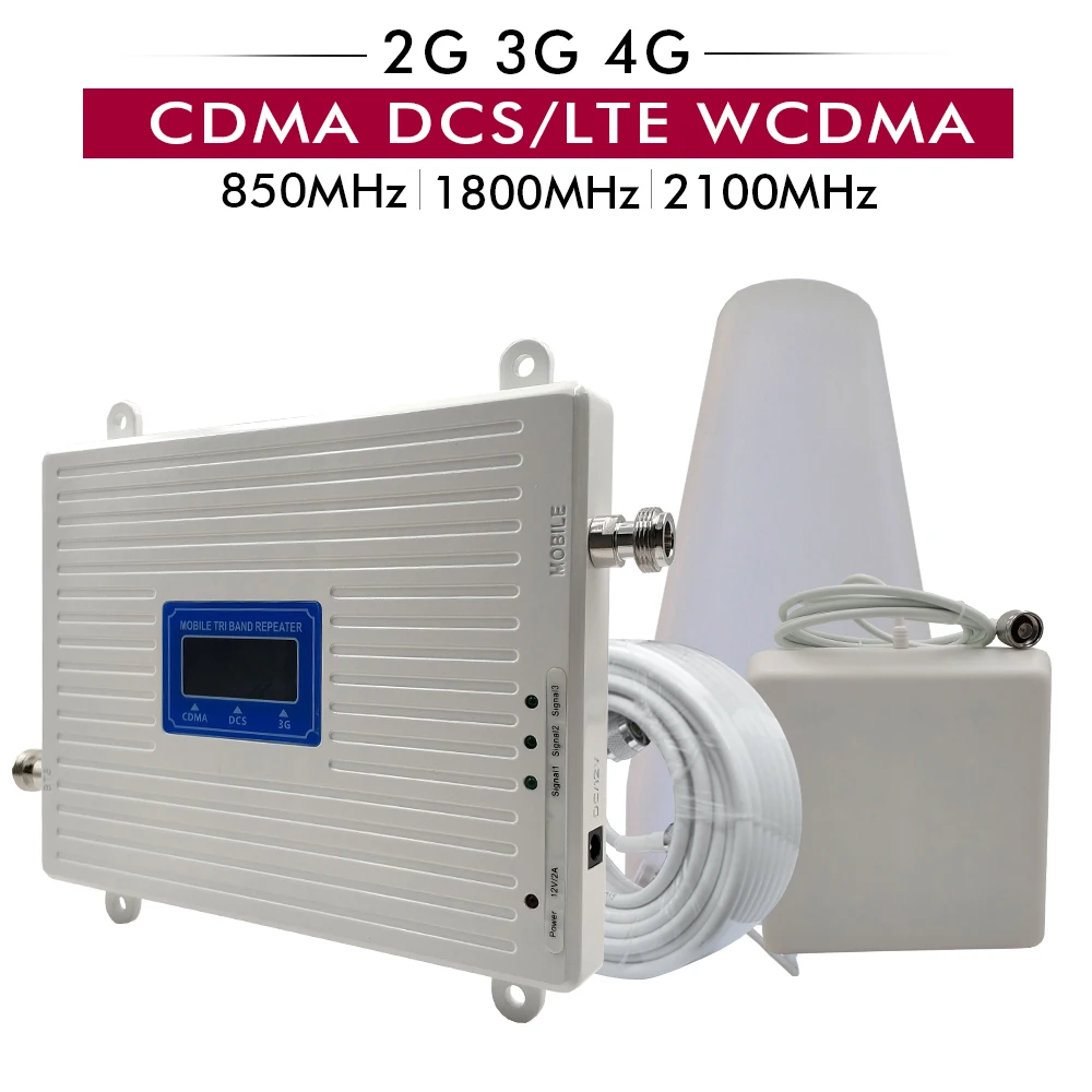 

Gain 65dB Tri Band Booster CDMA 850 DCS/LTE 1800 WCDMA 2100 MHz 2G 3G 4G Cell Phone Signal Repeater Full Set with Antenna Cable