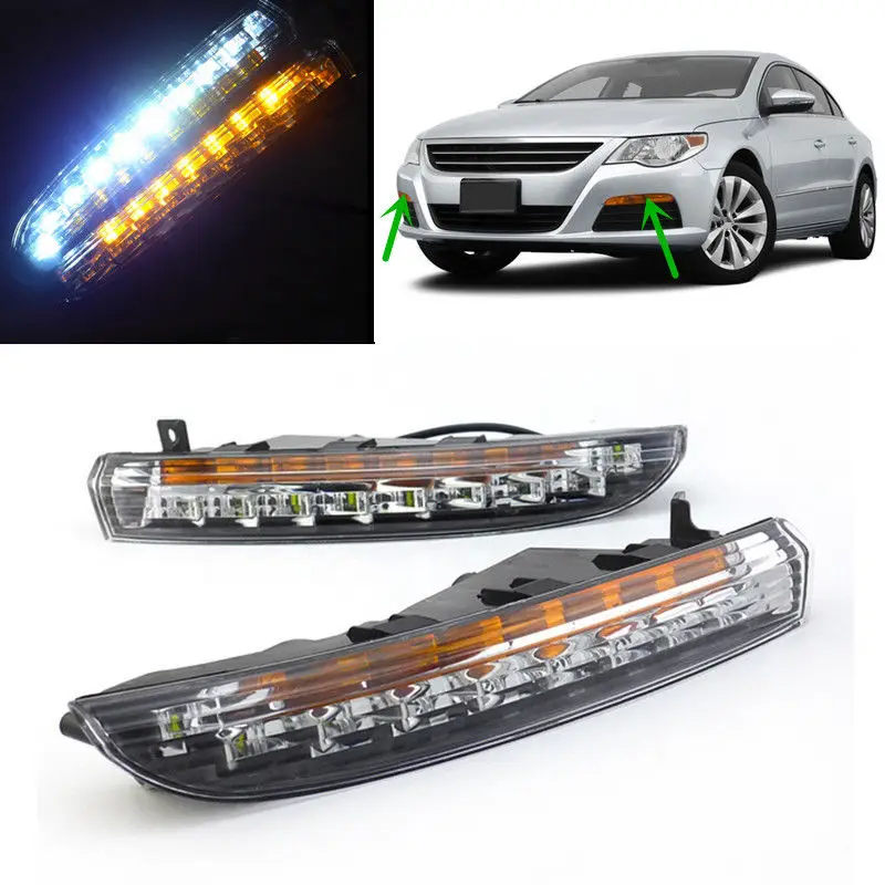 

2pcs White Yellow LED Daytime Running Lights DRL for 2010 2011 2012 2013 Volkswagen CC With Yellow Flicker Turn Signal