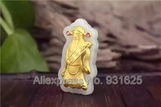

Natural White HeTian Yu + Full Gold Inlaid Carved Chinese God of Wealth Lucky Pendant Necklace + Certificate Fashion Jewelry