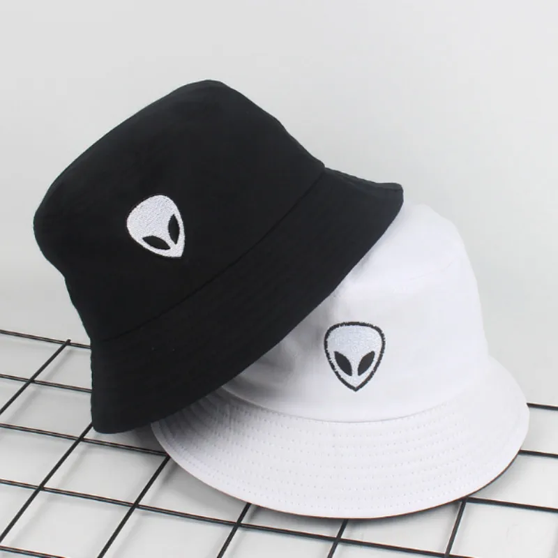 Cartoon Embroidery Alien Bucket Hat Hip Hop Casual Cotton Fishing Hat Cap Spring Summer Outdoor Beach Sun Panama White Black