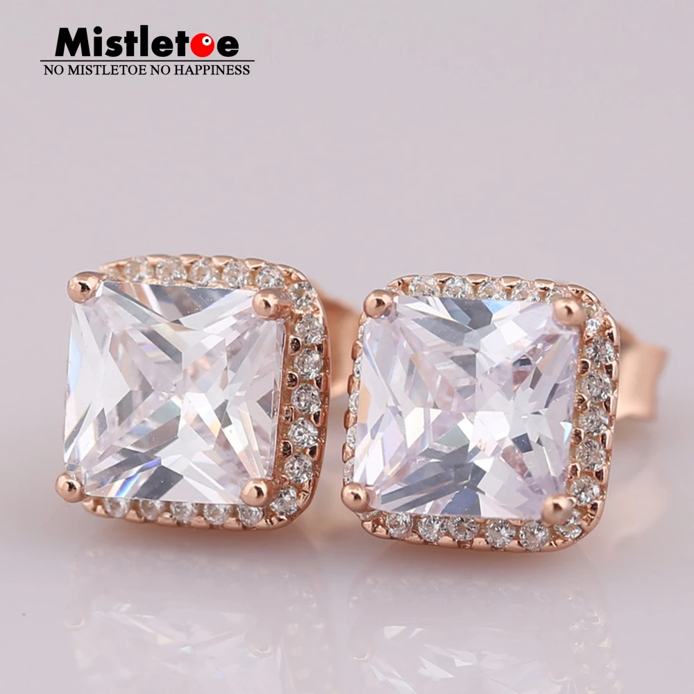 

Authentic 925 Sterling Silver Timeless Elegance Stud Earrings, Mistletoe Rose Gold-color & Clear CZ Compatible with Jewelry