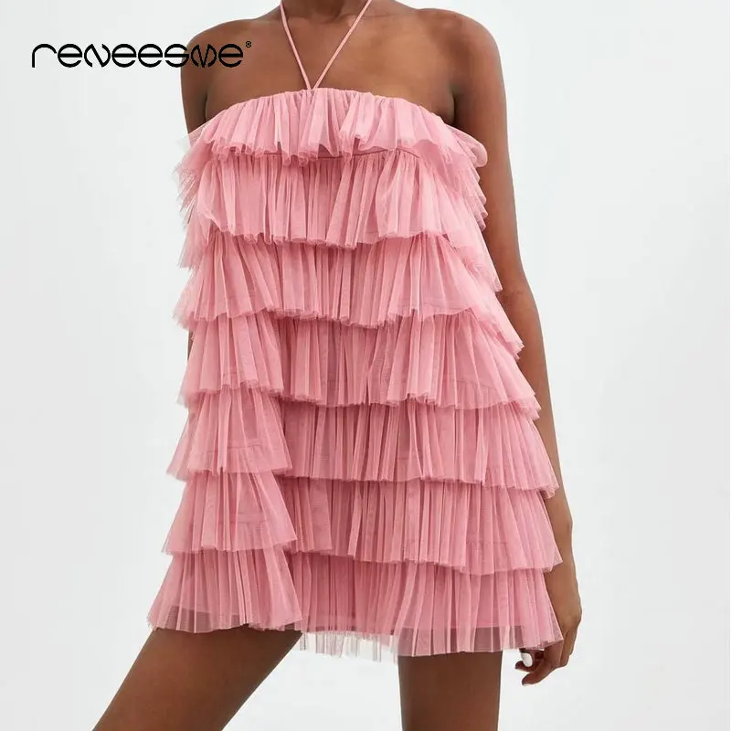 

reneesme spring summer women dress lace up cascading ruffle ball gown ladies dresses sweet mini solid pink strapless vestidos