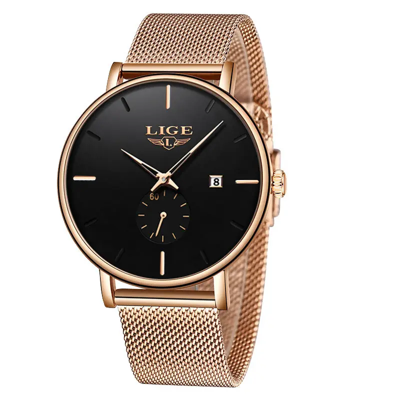 All rose black LIGE новые роскошные женские часы с металлической сеткой Простые Классические наручные Модные Повседневные кварцевые высококачественные женские часы Montre Femme - Цвет: All rose black