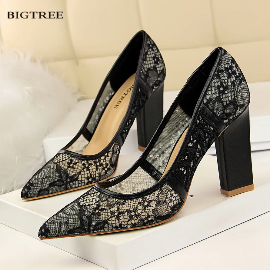

Europe Retro High Heels Shoes Thick Heel Pumps Shallow Pointed Netted Embroidery Sexy Lace Ladies Heeled Women Shoes G5239-12