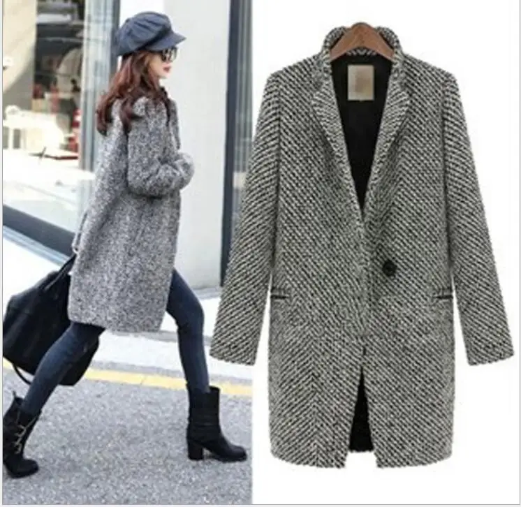 

Autumn And Winter Gray Woollen Plaid Overcoat Grid Female Thickening Woolen Long Cashmere Coat Women Manteau Femme Wool