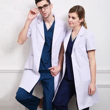 Женское мужское лабораторное пальто Doctor White Robe медицинское рабочее пальто летние халаты с пуговицами спереди зазубренный нагрудный халат для медсестер