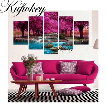 

5D Diamond Embroidery Landscape Diamond Painting Cross Stitch purple Tree 5pcs/set Needlework Home Decorative triptych painting
