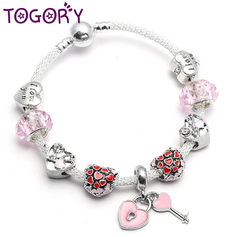 

TOGORY Romantic Heart Charm Bracelets For Women With Key & Love Beads Pandora Bracelet & Bangles DIY Valentine's Day Jewelry