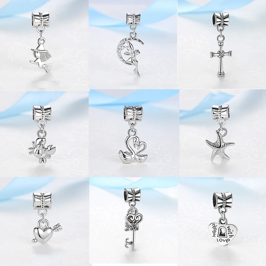 

New Plated Silver Charm Bead Four Leaf Clover Dragonfly Fairy Princess Pendant Charm Fit Pandora Bracelets Bangles DIY Jewelry