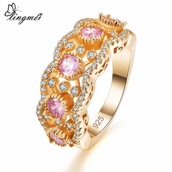 

lingmei New Arrival Round Cut Champagne & Pink White CZ Gold Color Ring Size 6 7 8 9 Gorgeous Shinning Women Jewelry Wholesale
