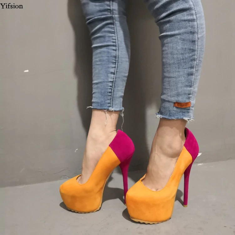 

Olomm Women Platform Pumps Stiletto High Heels Pumps Nice Round Toe Gorgeous Orange Party Prom Shoes Women Plus US Size 5-15