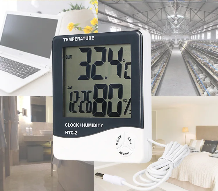 

HTC-2 Indoor Room Digital Thermometer Hygrometer Electronic Humidity Temperature Meter Clock+ External Outdoor Probe Sensor