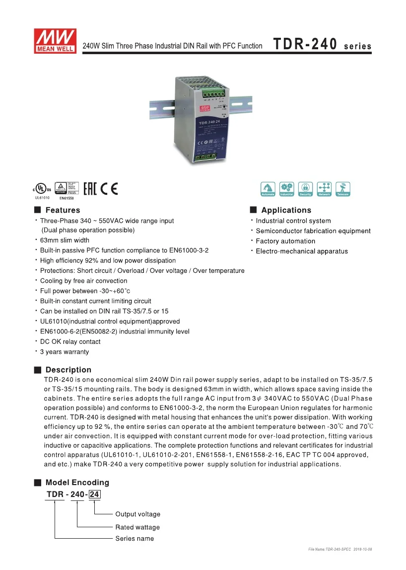 MEANWELL TDR-240-24 трехфазный 340-550VAC широкий диапазон вход в DC 24V импульсный источник питания 240W 24V 10A