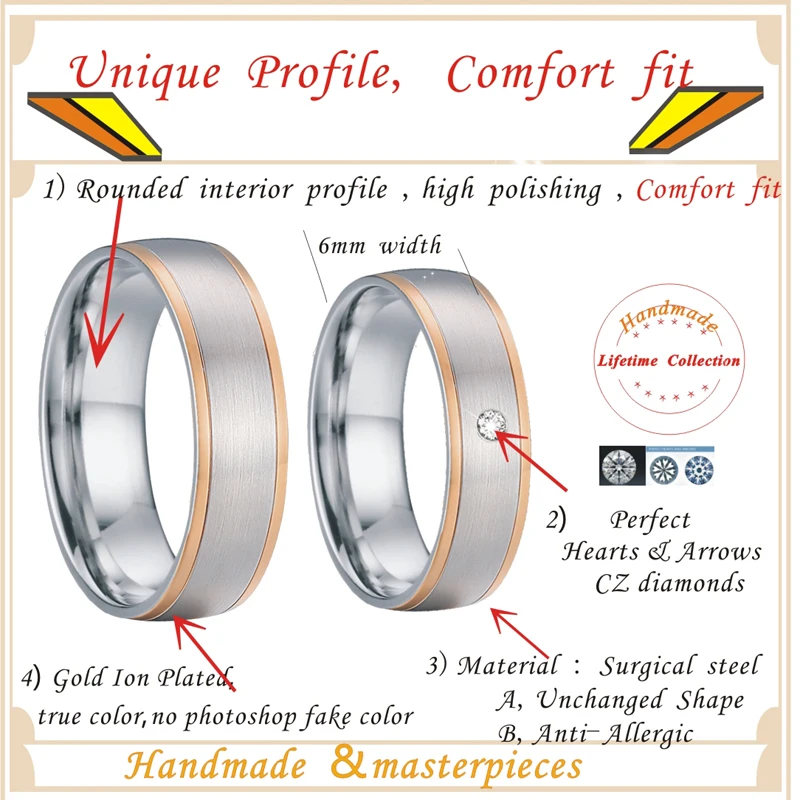 Набор обручальных колец для мужчин и женщин матовые кольца цвета розового золота