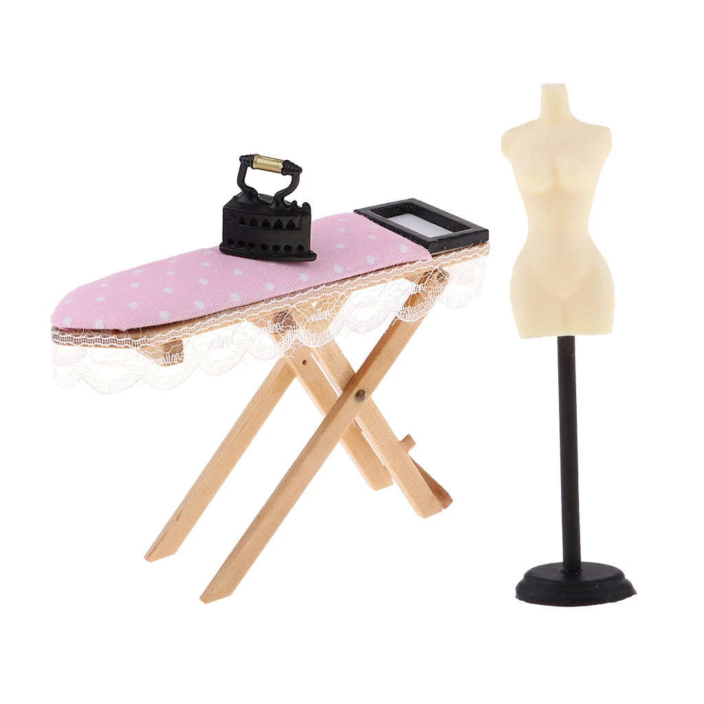 1:12 Dollhouse Miniature Doll Display Stand & Wooden Ironing Board Table with Vintage Metal Room Decor Laundry Room Furniture