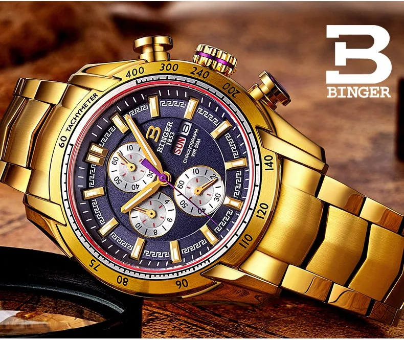 Швейцарские роскошные Брендовые мужские наручные часы Бингер Космос натуральная кожа кварцевые мужские часы 50 м Водонепроницаемость золотые часы мужские s