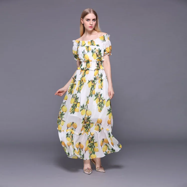 New Women/'s Lemon Pattern Chiffon Summer Beach Long Maxi Dress