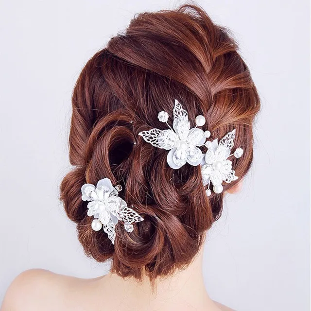 

3Pcs/Set Lace Butterfly Pearl Crystal Flower Handmade hair stick Hair pin Fashion Bridal hair Accessories Wedding hair Jewelry