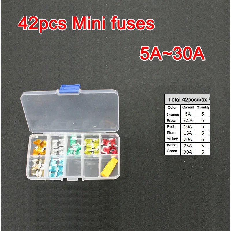 

42pc Assorted Micro Mini Blade Fuse 5A 7.5A 10A 15A 20A 25A 30A Auto Car Truck Motorcycle FUSES Box Kit ATC ATO ATM