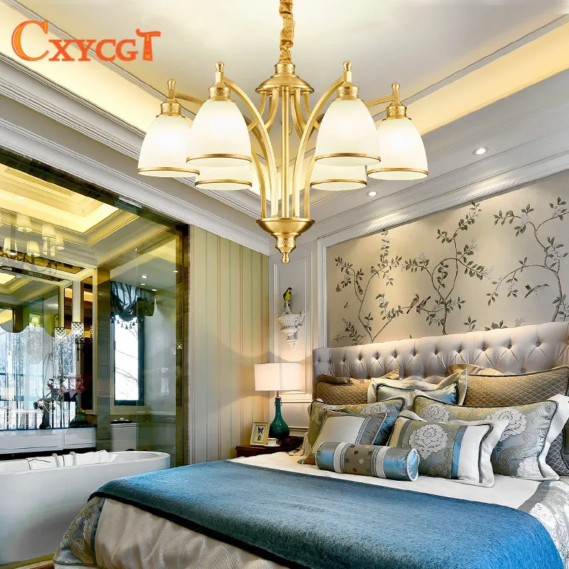 Современный американский светодиодный Люстра стеклянный абажур медь абажура в простом стиле для гостиной, спальни, лампа для чтения E27