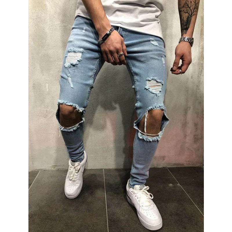 Брендовые дизайнерские облегающие рваные джинсы, брюки для мужчин, Hi-Street, мужские потертые джинсовые джоггеры с дырками на коленях, потертые джинсовые брюки - Цвет: Blue