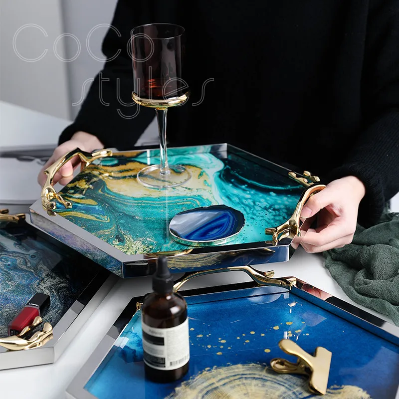 

Cocostyles InsFashion luxury hot hexagonal metal and glass tray with abstract pattern for artistic style home decor christmas