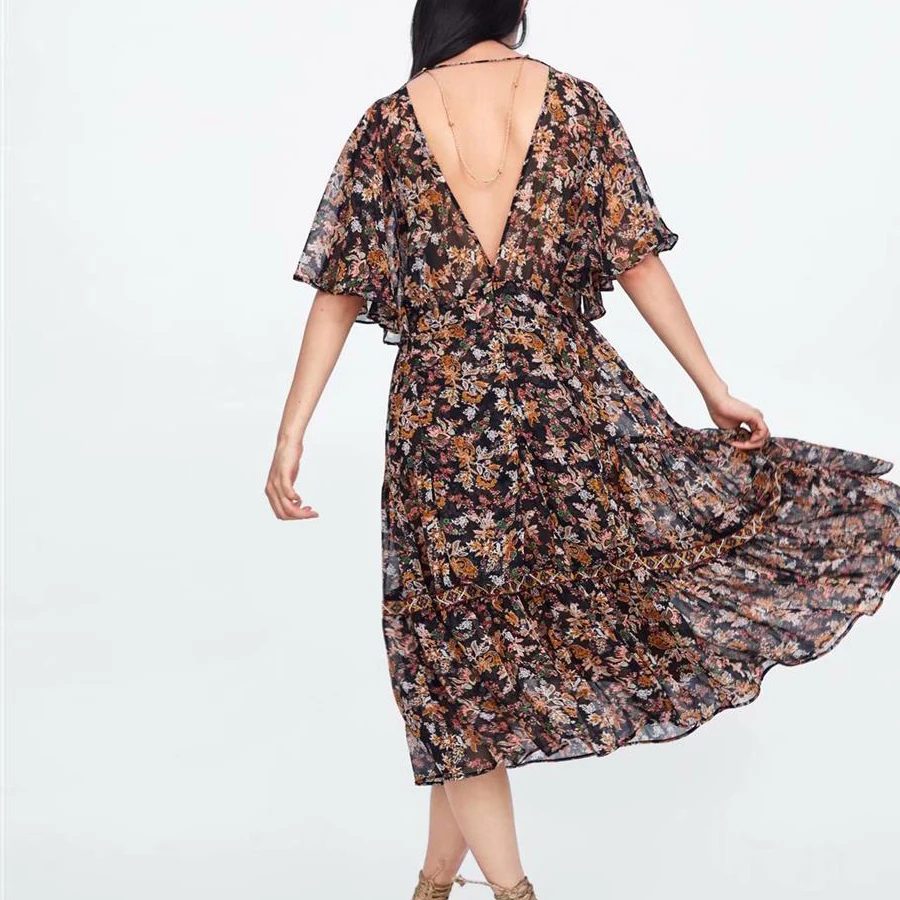 Boho Летнее платье свободное цветочное вышитое женское платье с v-образным вырезом короткая шифоновая блуза с рукавами-клеш Повседневные платья а-силуэта Vestidos Новинка