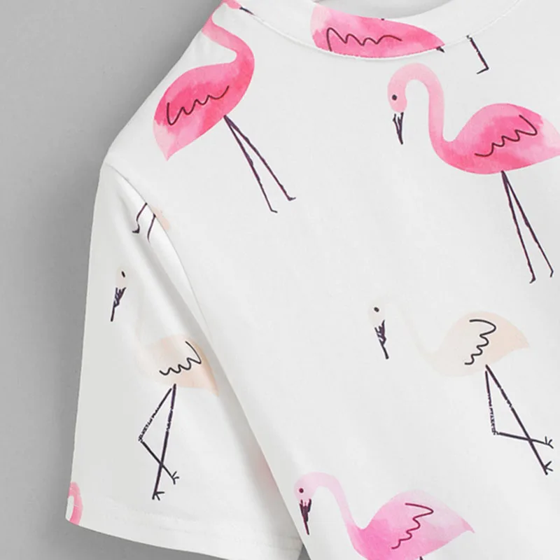 ROMWE/футболка с принтом Фламинго сбоку, летняя футболка с круглым вырезом и изображением животных, белая повседневная женская футболка с коротким рукавом