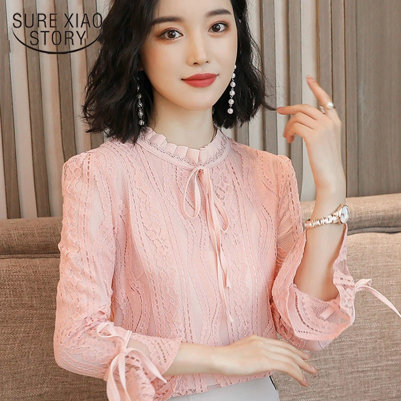 

Women lace blouse and tops 2019 spring Lady fashion long sleeve stand collar Lace Shirt Solid Color Bottoming Shirt Tops 2933 50