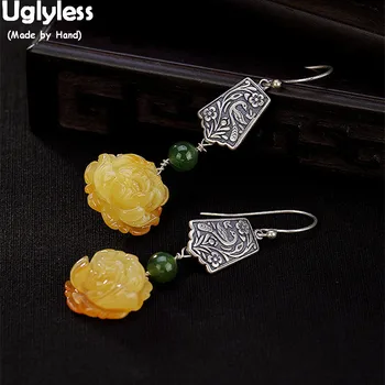 

Uglyless Handmade Carved Ethnic Totem Patterns Medal Earrings for Women Natural Amber Earrings Real Solid 925 Silver Fine Jewel