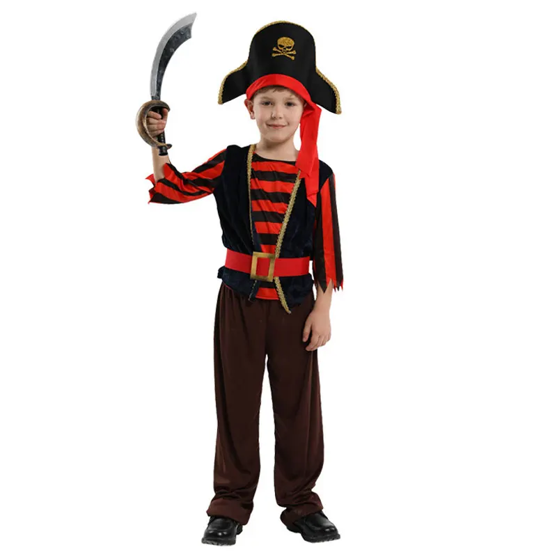 

Umorden New Arrival Halloween Costumes for Boys Pirate Captain Costume Red Black Stripe Skull Pirate Cosplay Set for Boy Kids