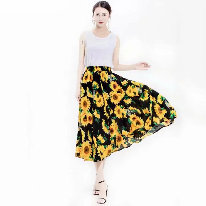 

2018 New Summer Female Boho Skirts Women Sexy Flamboyant High Waist Pleated Skirt Hippie Plus Size XL Palazzo Sunflower Clothing
