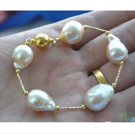 

P4015 8" 16mm pink BAROQUE KESHI REBORN PEARL gild 5star bracelet@^Noble style Natural Fine jewe SHIPPING new >>free shipping -B