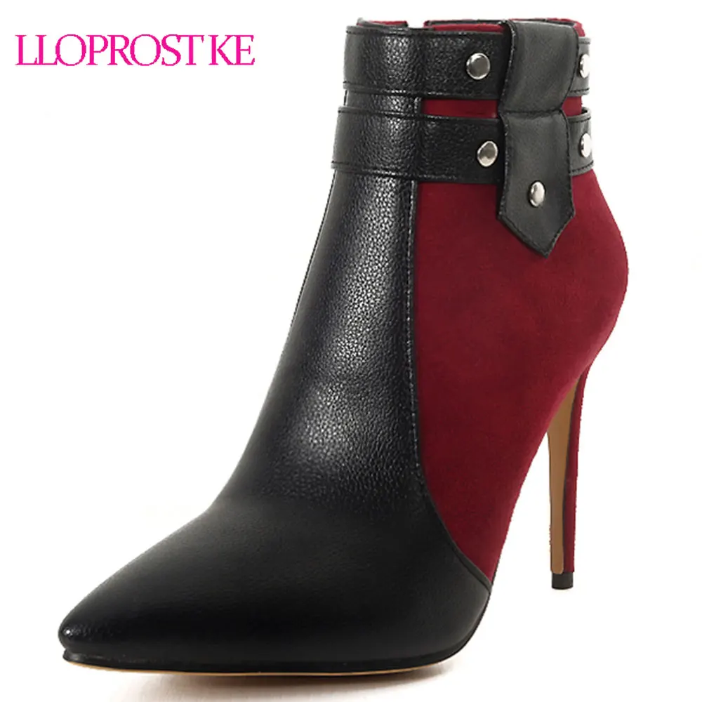 

Lloprost ke 2018 Fashion Retro Thin High Heels Buckle Strap Rivets Ankle Boots Plus Size Women Winter Shoes Blue Black Stiletto