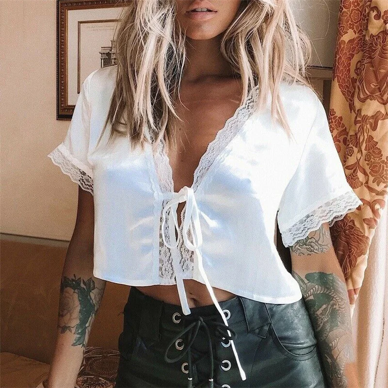 Модный женский Сексуальный Кружевной укороченный топ с коротким рукавом Boho пляжный Летний жилет Женская майка с v-образным вырезом свободная футболка со шнуровкой белая одежда