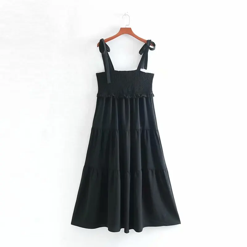 

Women Summer Sleeveless Dress Fit and Flare Elastic Bust Spliced Bow Tie Mid-Calf Dresses Female Elegant Party Dress vestidos