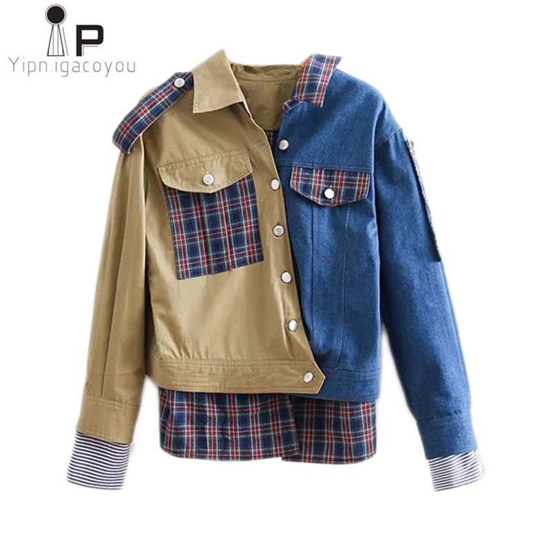 

Women Coat 2019 Spring Autumn New Asymmetry Plaid Patchwork Epaulet Denim Jacket Ladies Casual Loose Outerwear Womens Streetwear