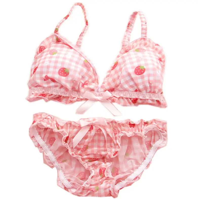 

Strawberry Chequered Girl Sleep Bra Mesh Pink Sweet Underwear Suit for Students