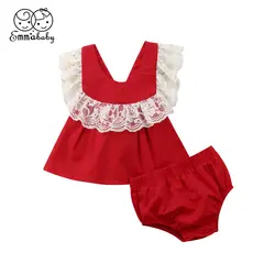 Для маленьких девочек одежда Рождественский Комплект новорожденных Дети кружева принцесса красный топ без рукавов платье шорты летняя