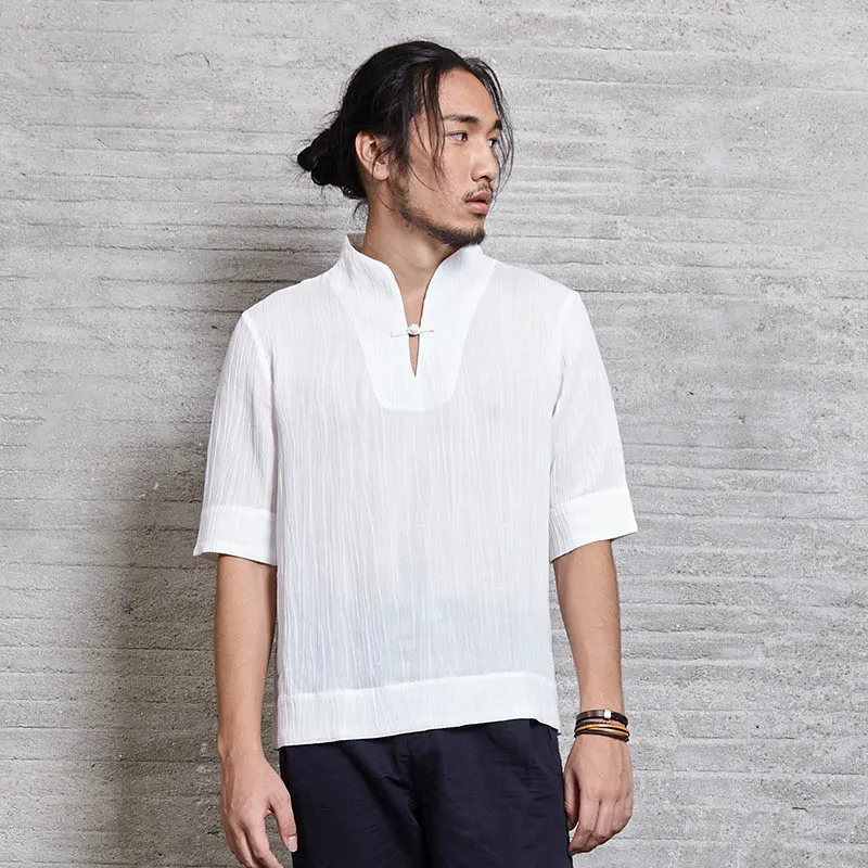 Mens Casual Shirt Half Sleeve 100 Linen Chinese Japanese Traditional