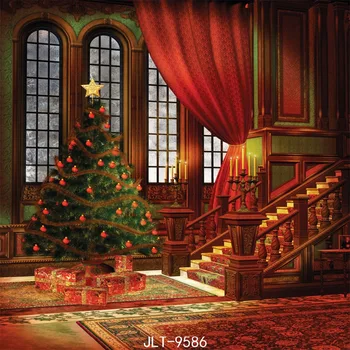 

Christmas backdrops photography fond studio photo vinyle backgrounds for photo studio 10x10ftStairs red curtain Gift box tree